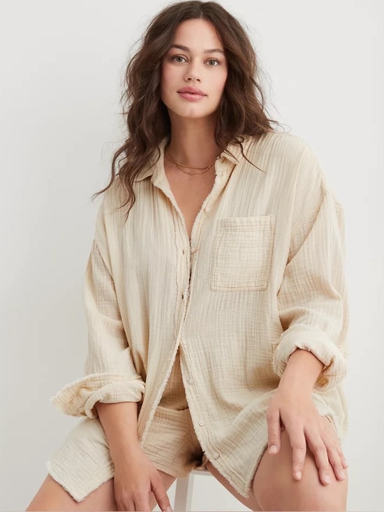 aerie Tops - Aerie Soft Oat 100% Cotton Oversized Gauzy Coverup Shirt Sz M Coastal Minimalist